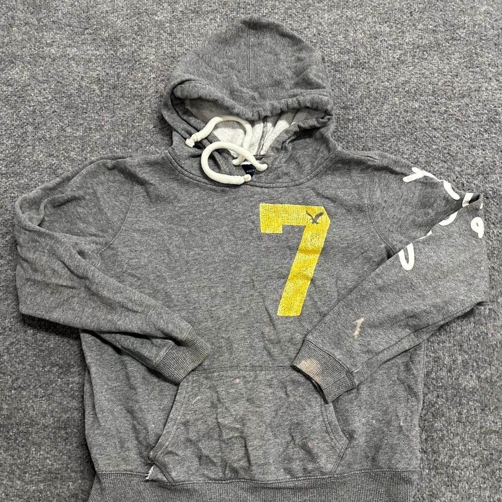 American Eagle Hoodie Mens Size Large Gray Graphic Pullover Distressed Casual